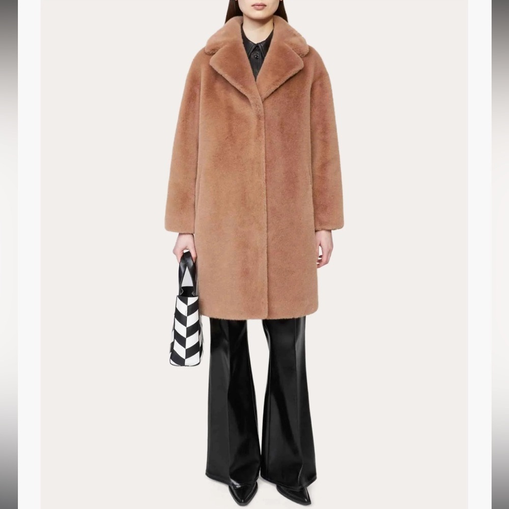 Stand Studio Tan Long Faux Fur Coat - The Camille Cocoon Coat Size 42